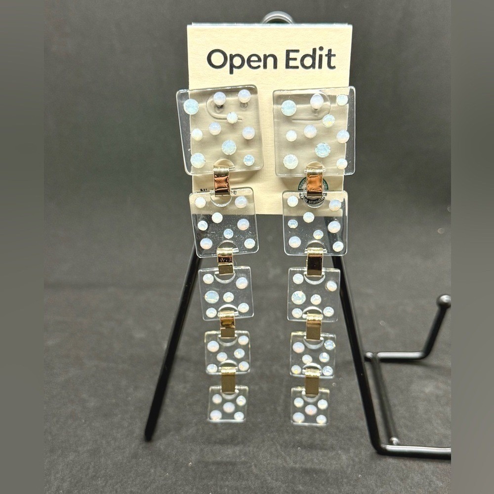 Open Edit Tiered Acrylic Drop Earrings Iridescent‎ White Light Blue Gold Tone